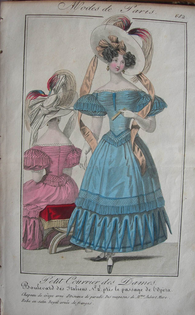Les gants blancs, mi‑longs, intégrés au costume féminin de soirée en 1829. Collection privée, Petit Courrier des Dames, 25 novembre 1829, gravure n°682.