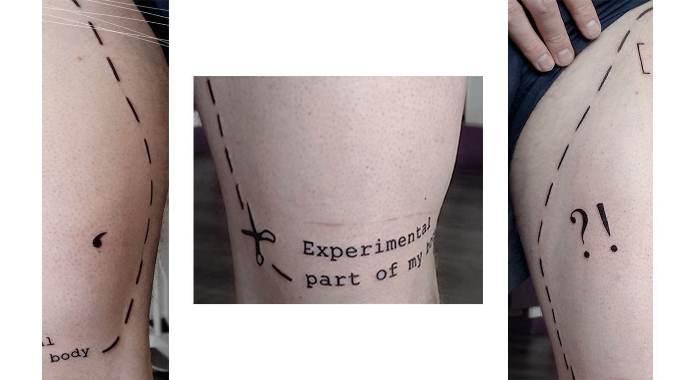 Yoann Sarrat - Experimental Part Of MY Body, trois tatouages sur des jambes