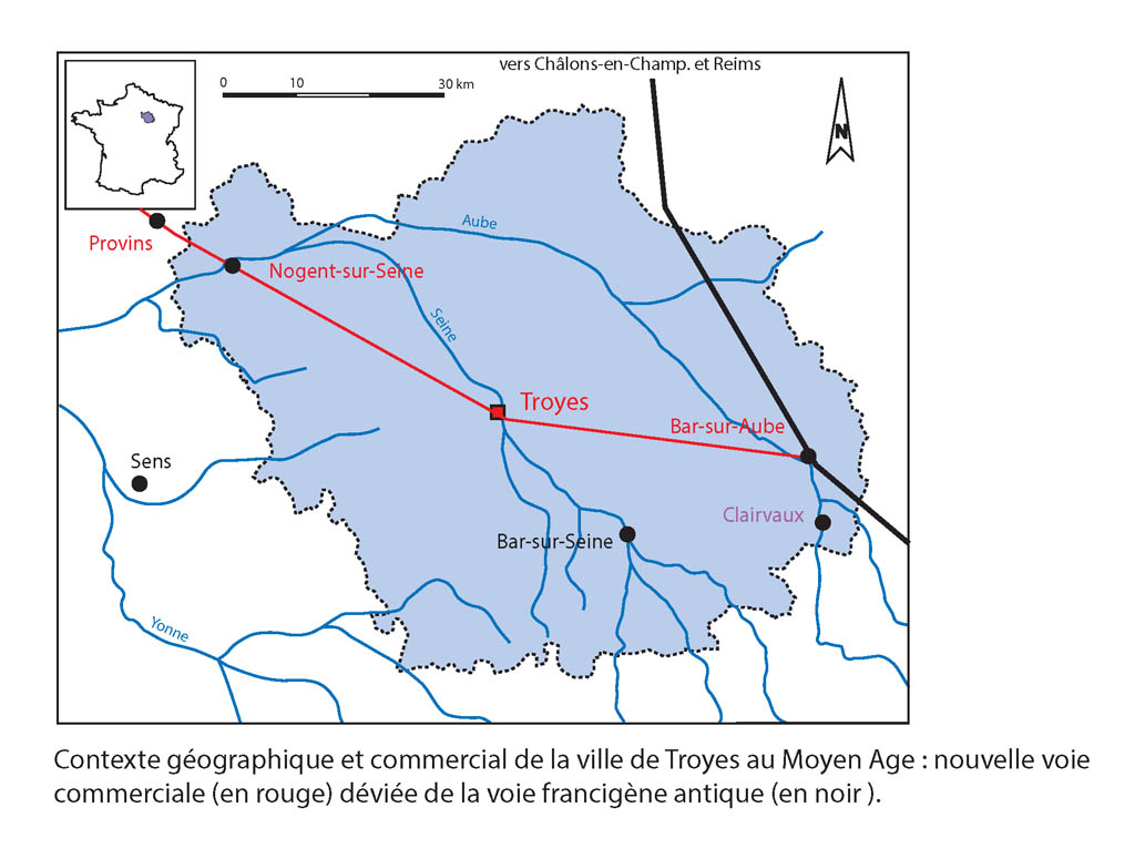 Contexte géographique et commercial de la ville de Troyes au Moyen Age : nouvelle voie commerciale (en rouge) déviée de la voie antique Langres‑Reims (en noir)