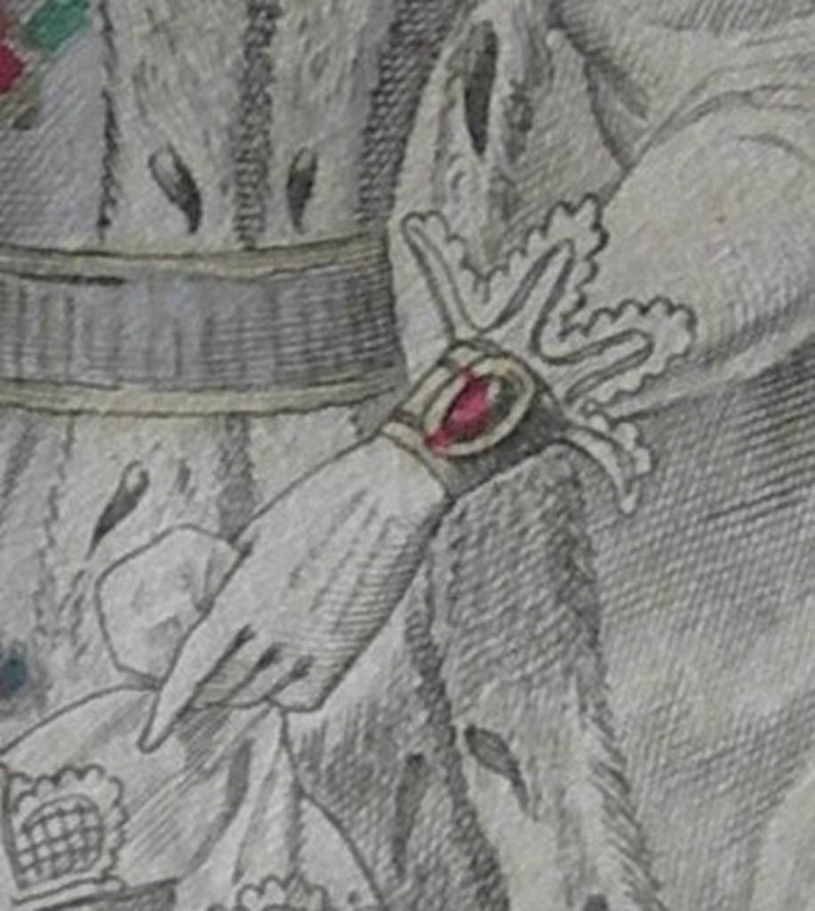 Gants fermés à l’aide d’un bijou composant le costume féminin en 1829. Collection privée, Petit Courrier des dames, 25 décembre 1829, Gravure n°689.