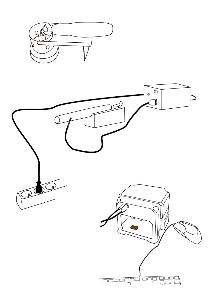 Francine Barancourt, (2020), De haut en bas: fer à marquer traditionnel chauffé avec une lampe à pétrole, fer à marquer branché sur un transformateur électrique, graveuse laser connectée à un ordinateur, croquis extraits du carnet de terrain de l’auteure.