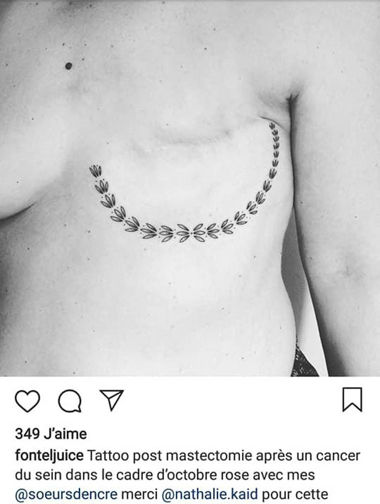 Publication publique sur un compte Instagram, représentant un tatouage post mastectomie