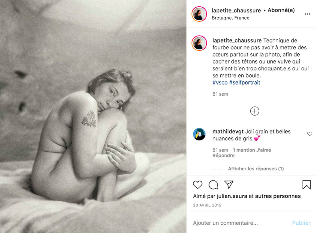 Publications publiques Instagram de Marion, alias Lapetite_chaussure, photographe (un de ses tatouages est visible sur son épaule, elle fait également mention de la censure du réseau social)